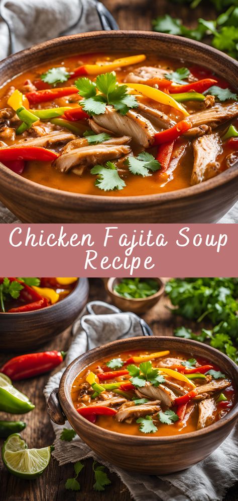 Chicken Fajita Soup Recipe | Cheff Recipes Chicken Fajita Soup Recipe, Hot Pepper Soup Recipe, Beef Fajita Soup, Thm Soup Recipes, Chicken Peppers And Onions, Fajita Soup Recipe, Fajita Soup, Chicken Fajitas Recipe, Fajita Spices