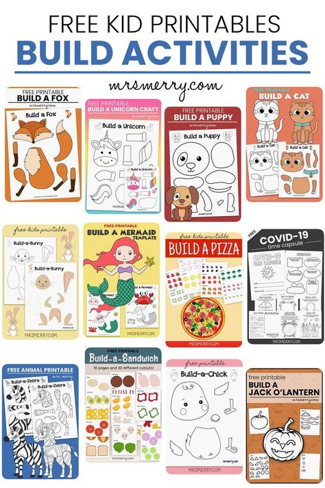 Parents and teachers, are you looking for free printable crafts for kids? Build animals, make a sandwich, or build a pizza with our free easy and creative crafts for kids. #teacherresources #freeprintablesforkids #freeworksheetsforteachers #teacherspayteachers #freepapertoysforkids #homeschool #homeschooling #remoteschooling #athomelearning #indooractivitiesforkids #freekindergartencrafts #freepreschoolactivities Build A Animal Free Printable, Free Printable Playdough Mats, Ocean Animals Preschool Free Printable, Ocean Playdough Mats Free Printable, Build A Mermaid Printable, Free Activities For Kids, Free Printable Crafts, Free Printable Activities, Learning English For Kids