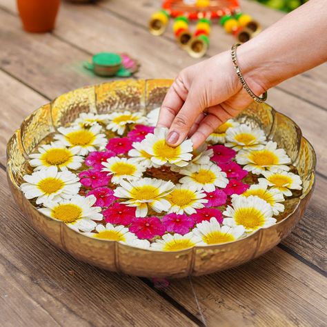 The Mogra Urli Bowl is an elegant and traditional piece of home decor inspired by Indian culture. 🛍️✨ Holi Decor, Urli Bowl, Diwali Holiday, Gold Bowl, Indian Gifts, Indian Culture, Indian Decor, Decorative Bowl, Housewarming Party