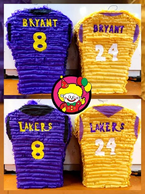 Kobe Bryant Jersy pinatas. #8 #24 #Lakers Kobe Bryant Birthday, Lakers Party, Sneaker Ball, Bryant Lakers, 12th Birthday, Kobe Bryant, Cake Ideas, 1st Birthday, Nba