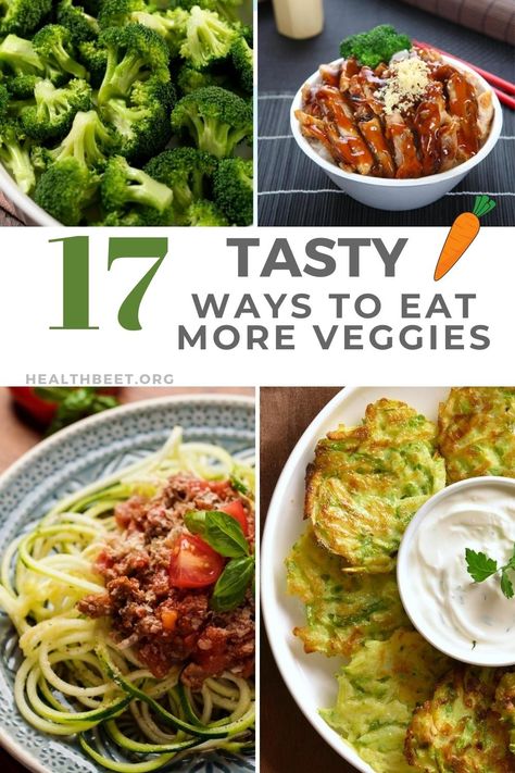 There are easy ways to use and reuse veggies that make it easy to add more vegetables to your diet. Get 17 ways and recipes to eat more veggies here. Capsule Pantry, Low Calories Food, Macro Dinner, Nutritionist Recipes, Health Beet, Fresh Vegetable Recipes, Calories Food, Veggie Diet, Roasted Root Veggies