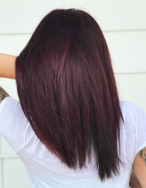 Cherry Cola Red Violet hair Matrix socolor 4RV+ {{INSTAGRAM @rachelsimage For more hair inspiration}} #redviolethair #redhair #darkredhair #burgundyhair #purplehair #cherrycolahair #haircolor #hair #fallhair #deepredhair #plumhair Dark Red Hair Dye, Pelo Color Borgoña, Red Burgundy Hair Color, Pelo Color Vino, Dark Hair Dye, Red Violet Hair, Dark Red Hair Color, Skin Tone Hair Color, Violet Hair