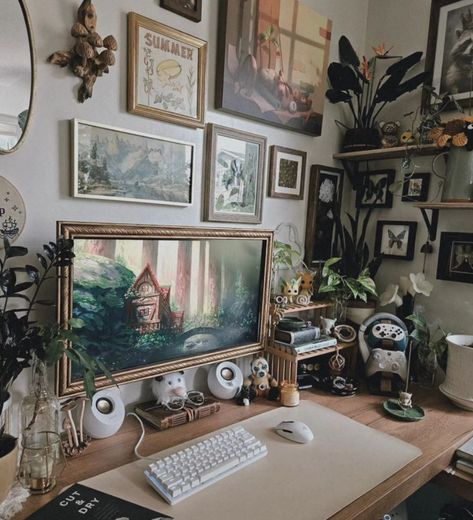 Desk Wall Shelf Ideas, Moody Pc Setup, Cottagecore Gamer Setup, Gaming Room Setup Aesthetic Dark, Aesthetic Computer Monitor, Computer And Art Desk, Whimsical Desk Setup, Cottage Core Gaming Room, Witchy Computer Setup