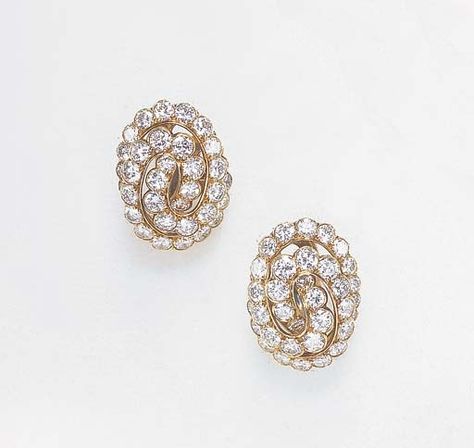 A PAIR OF DIAMOND EAR CLIPS, BY VAN CLEEF & ARPELS | Christie's Ear Clips, Ear Rings, Van Cleef Arpels, Van Cleef, Teardrop Earrings, Makers Mark, Rose Gold Ring, Cartier, Brooches