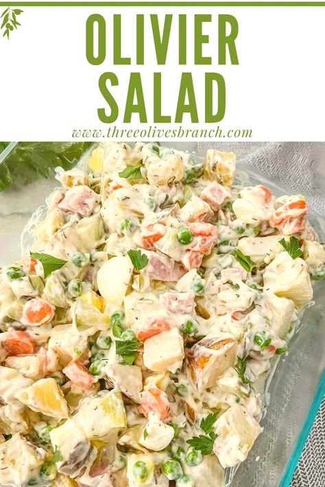 Olivier Salad - Three Olives Branch Potato Salad With Ham, Crab Potato Salad, Salad With Meat, Greek Chicken Skewers, Spinach Salads, Russian Potato Salad, Cookout Dishes, Olivier Salad, Russian Salad