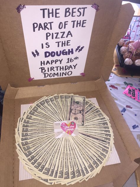 Birthday Pizza Dough Gift Count Down To Birthday Gift Ideas, 16th Birthday Boy Ideas, Personal Birthday Gifts, Birthday Money Gifts, Birthday Pizza, Boy 16th Birthday, Money Gifts, Creative Money Gifts, Cute Birthday Ideas