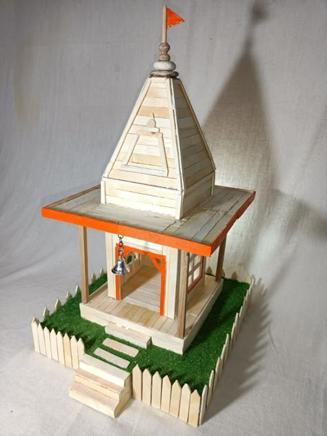 Mandir Diy Ideas, Popsicle Stick Crafts House Easy, Craft Stick Crafts Diy Projects, Popsicle Stick Houses Easy, Paint Stick Art, Craft Ideas With Popsicle Sticks, Diy Projects With Popsicle Sticks, Popsicle Stick Ideas, Ice Cream Stick Crafts