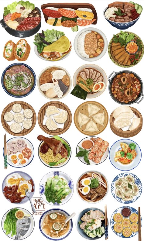 Asian Food Drawing, Chinese Food Drawing, Korean Food Drawing, Chinese Food Art, Asian Food Stickers, Asian Food Illustration, Korean Food Art, Food From Different Countries, Japanese Food Illustration