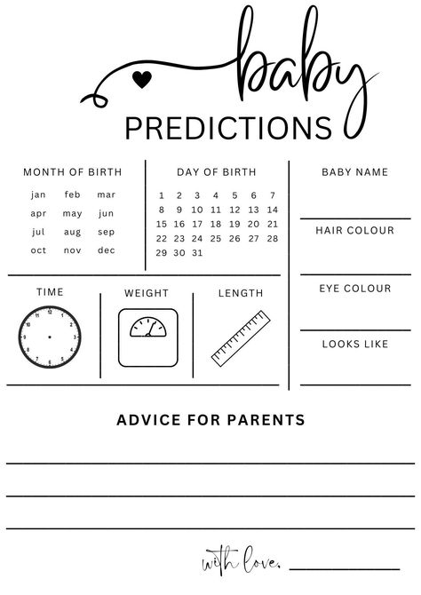 Baby Shower Predictions - Etsy Baby Shower Order Of Events, Baby Shower At Home Set Up, Baby Predictions Printable, Baby Boy Shower Ideas, Baby Shower Predictions, Baby Prediction Cards, Planning A Baby Shower, Baby Notes, Baby Predictions