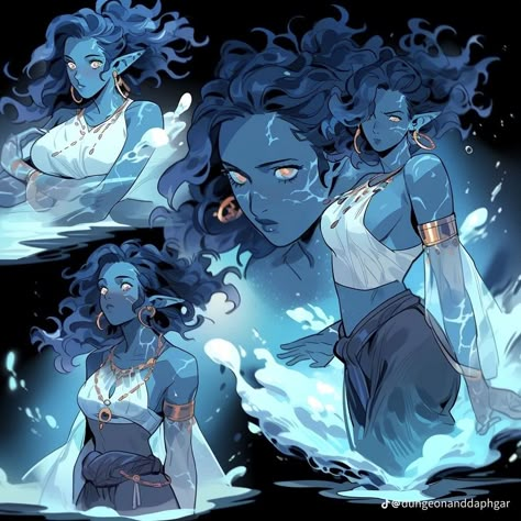 Water Genasi Artificer, Water Hair Character, Triton Dnd Aesthetic, Water Genasi Barbarian, Water Genasi Female Sorcerer, Blue Skinned Character Female, Dnd Water Genasi Female Druid, Blue Skin Character Design, Sea Witch Character Design