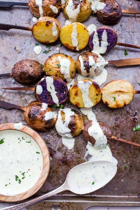 Grilled Red, White, and Blue Potato Skewers with Ranch Dressing (Paleo, Whole30, Vegan) Summer Skewers, Potato Skewers, Fourth Of July Activities, Lettuce Wrapped Burger, Rustic Rooms, Blue Potatoes, Beef Back Ribs, Food On A Stick, Whole30 Vegan