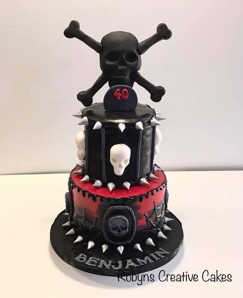 Skull and crossbones mens birthday cake Skull And Crossbones Cake, Heavy Metal Cake Ideas, Metallica Cake, Skull Birthday Cake, Mens Birthday Cake, Gothic Cakes, Gothic Birthday Cakes, 40th Birthday Cake For Women, Skull Wedding Cakes