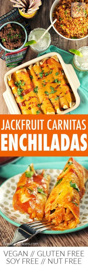 Jackfruit Carnitas Enchiladas are sure to be a hit with your whole family! (vegan, soy free, gluten free, nut free) via @frieddandelions Enchiladas Carnitas, Carnitas Enchiladas, Fried Dandelions, Jackfruit Carnitas, Jack Fruit, Jackfruit Recipes, Vegetarian Mexican, Vegan Mexican Recipes, Vegan Sushi