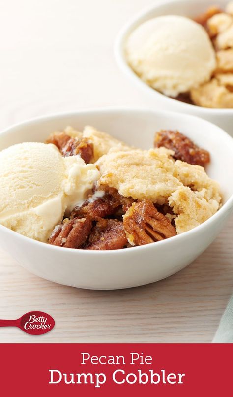 We’ve found the most deliciously easy way to put a zero-effort spin on pecan pie. This dump dessert with a luscious, gooey, pecan pie-inspired filling and a crisp cake mix topping comes together in virtually no time but has tons of fall flavor. Adding a scoop of vanilla ice cream on top is extra indulgent—but a very good idea. Dump cakes are sometimes difficult to determine doneness. It’s normal to see some wet spots, some dry cake mix and a crisp-like texture on top. Pecan Cobbler Dump Cake, Dump Cobbler, Dump Desserts, Pecan Cobbler, Dump Recipes, Betty Crocker Recipes, Apple Dump Cakes, Dump Cakes, Poke Cakes