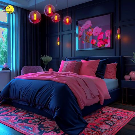 Hot Pink And Navy Bedroom, Pink And Navy Bedroom Ideas, Blue Rooms Aesthetic, Magenta Room Ideas, Pink Blue Bedroom, Hot Pink Bedroom Aesthetic, Pink And Blue Room Aesthetic, Fuschia Bedroom, Pink And Blue Bedroom