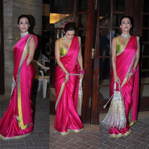 Malaika In Saree, Pink Satin Saree, Malaika Arora Gym, Pink Saree Silk, Malaika Arora Lehenga, Malika Arora, Malaika Arora Black Saree, Malaika Arora Face Close Up, Saree Blouses Online