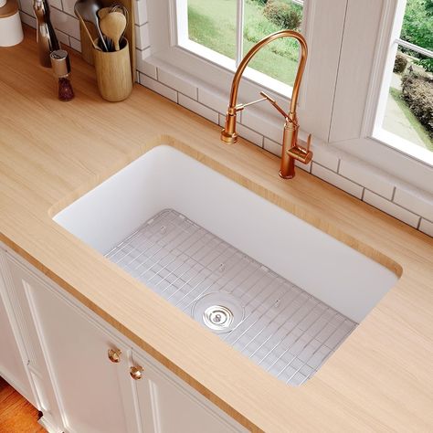 White Fireclay Undermount Kitchen Sink, DeerValley Single Bowl Kitchen Sink Accessories Workstation Sink with Sink Grid and Basket Strainer (Deep White, 32" x 20") - Amazon.com Kitchen Sink Workstation, Sink Workstation, Under Mount Kitchen Sink, Workstation Sink, White Kitchen Sink, Kitchen Sink Stainless Steel, Sink Grid, Kitchen Sink Accessories, Bowl Kitchen Sink