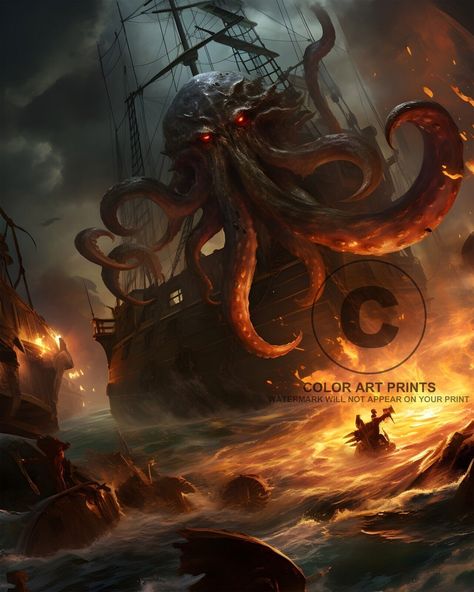 Kraken Attack Sailing Ship Cryptozoology Cryptid Legend Myth Folklore Lore 8X10 Kraken Attacking Ship, Pirate Ship Art, Unique Poster, Modern Poster, Kraken, Ship Art, Something Beautiful, Digital Art Prints, Retro Poster