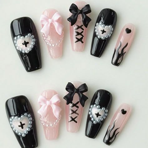 Jirai Kei Nails, My Melody Makeup, Pretty Nails Ideas, Slay Nails, Nails Matching, Hands Nails, Pink Goth, Velvet Nails, Fake Nails Designs