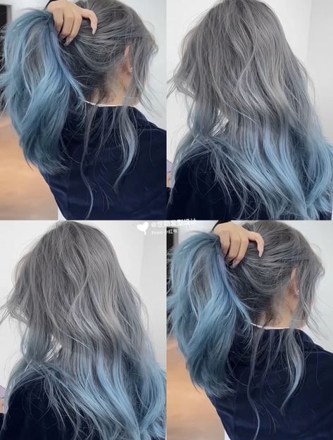 Steel Blue Hair Color, Subtle Hair Color For Black Hair, Ashy Blue Hair, Blue Hair Balayage, Ash Blue Hair, Hair Stages, Blue Grey Hair, Hidden Hair Color, Fall Blonde Hair Color