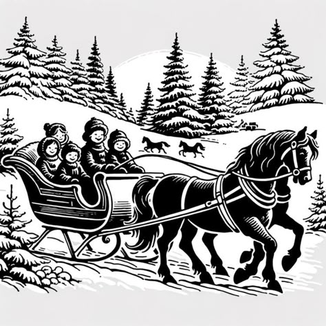 A family enjoys a Victorian sleigh ride through a snowy landscape, bundled in period winter clothing. The strong horse pulls the sleigh with ease, pine trees line the path, and a serene winter sky provides a tranquil backdrop to this idyllic scene, perfect for capturing the essence of a 19th-century Christmas. Scene Drawing Ideas, Christmas Window Art Ideas, Christmas Scene Drawing, Christmas Window Art, Window Art Ideas, Scenes To Draw, Christmas Drawing Ideas, Victorian Christmas Tree, Historical Christmas