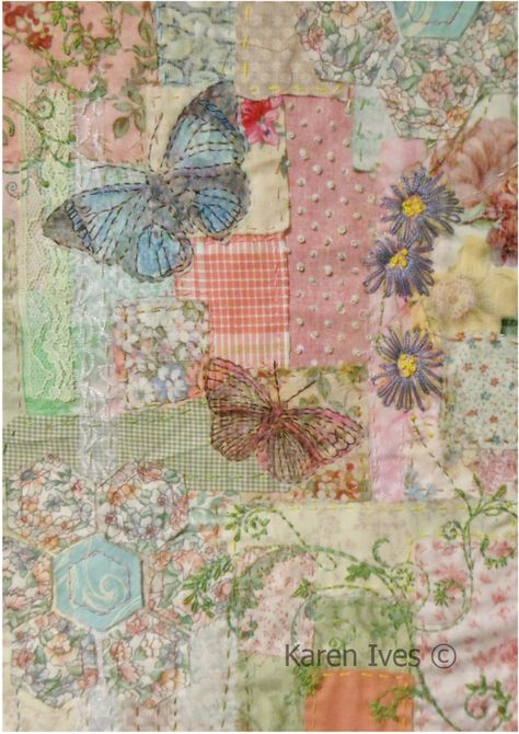 Vintage Garden patchwork and embroidery Embroidery Patterns Vintage Shabby Chic, Quilt Embroidery, Baskets Ideas, Fabric Stitching, Crazy Patchwork, Crazy Quilting, Fabric Journals, Embroidery Patterns Vintage, Sew Easy