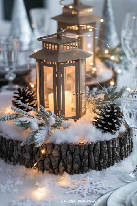 52 Stunning Winter Party Centerpiece Ideas Winter Banquet Decorations, Winter Centerpiece Ideas, Baby It’s Cold Outside Baby Shower Theme Centerpiece, Winter Outdoor Party Backyards, Winter Baby Shower Centerpieces, Winter Party Food Ideas, Snowflakes Ideas, Winter Party Foods, Decor With Lanterns