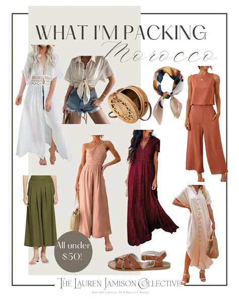 Capsule wardrobe showing what to pack for vacation in Morocco Morroco Vacation Outfits, Morocco Capsule Wardrobe, Morocco Travel Outfit What To Wear, Modest Desert Outfit, Morocco Outfit Ideas Summer, Morocco Style Fashion, What To Wear In Morocco For Women, Morocco Outfit Ideas, Morocco Outfits