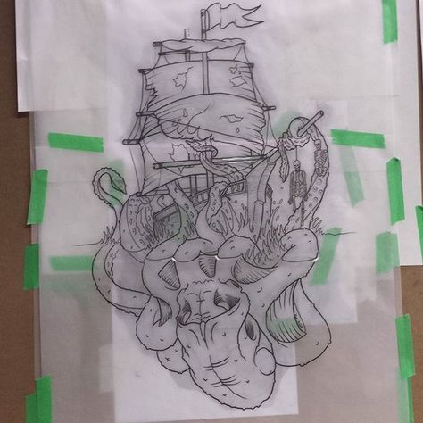 #kraken #ship #pirateshiptattoo #seamonster #tattooapprentice Viking Kraken Tattoo, Kraken Ship Drawing, Kraken And Ship Drawing, Pirate Ship Kraken Tattoo, Ship And Kraken Tattoo, Kraken Ship Tattoo, Kraken And Ship Tattoo, Storybook Mural, Kraken Ship