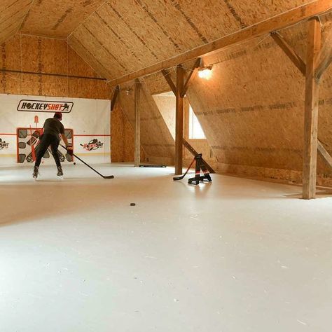 Indoor Hockey Rink In House, Basement Hockey, Accessory Building, Hockey Training Aids, Hockey Man Cave, Synthetic Ice Rink, Backyard Ice Rink, Backyard Rink, Lacrosse Practice