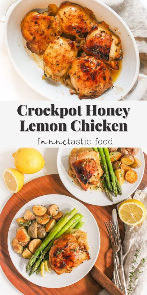 These slow cooker chicken thighs are simmered in a delicious honey lemon sauce for an easy weeknight meal! This makes great meal prep chicken for the whole week. Plus, honey lemon chicken thighs pair deliciously with tons of side dishes! Honey Lemon Chicken Crockpot, Slow Cooker Honey Lemon Chicken, Honey Garlic Chicken Thighs Crockpot, Lemon Chicken And Potatoes Crockpot, Lemon Crockpot, Lemon Chicken Thighs Crockpot, Honey Lemon Sauce, Slow Cooker Honey Garlic Chicken Thighs, Honey Chicken Crockpot