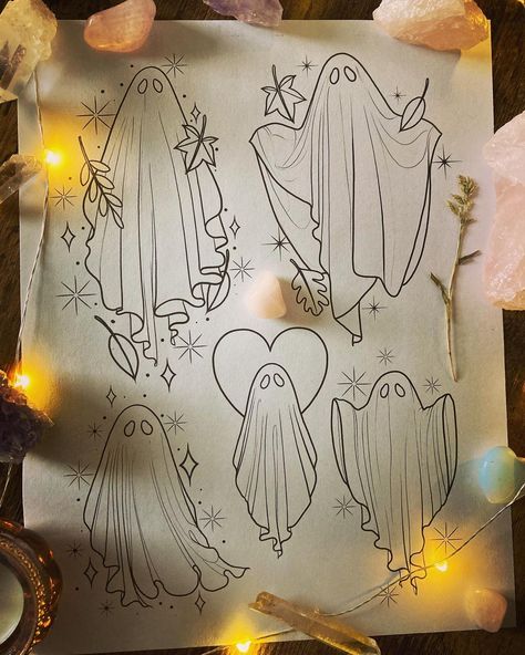 Feminine Ghost Tattoo, Ghost Sheet Drawing, Ghost Family Tattoo, Ghost Flash Sheet, Tattooed Ghost, Halloween Ghost Tattoo, Sheet Ghost Painting, Sheet Ghost Aesthetic Drawing, Spooky Ghost Tattoo