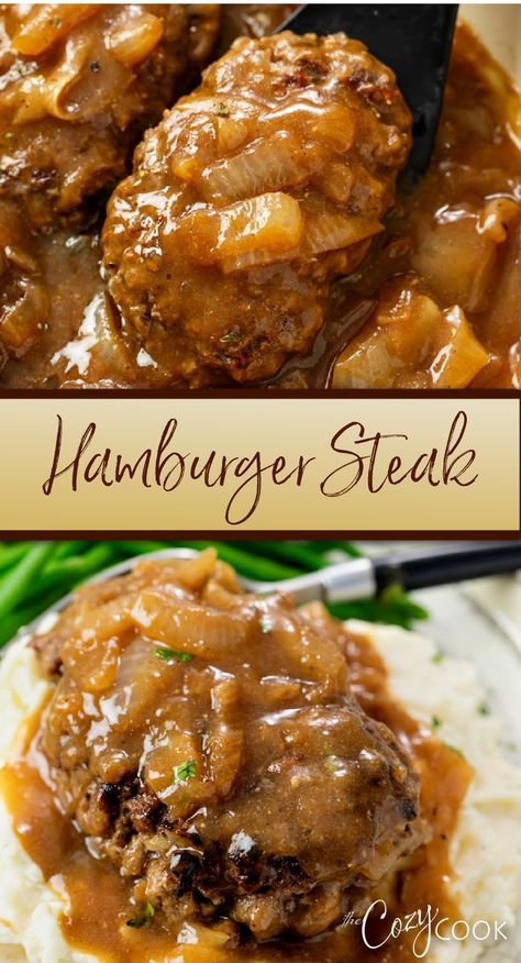 This Hamburger Steak is smothered in a thick, brown gravy with onions and served with mashed potatoes! It's a simple and budget friendly recipe that's made special by the rich and flavorful gravy! Simple Things To Make With Ground Beef, Hamburger Steaks With Brown Gravy Crockpot, Easy Hamburger Supper Ideas, What To Do With Burger Patties, Hamburger Steak And Onion Gravy, Thick Brown Gravy Recipe, Hamburger Main Dishes, Meatloaf With Gravy Recipes Easy, Breaded Hamburger Steak