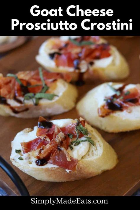 Crostini toast with goat cheese and crispy prosciutto. Prosciutto Bites, Appetizer Crostini, Cold Apps, Prosciutto Crostini, Roasted Pear Salad, Easy Christmas Party, Best Holiday Appetizers, Cheese Crostini, Prosciutto Recipes