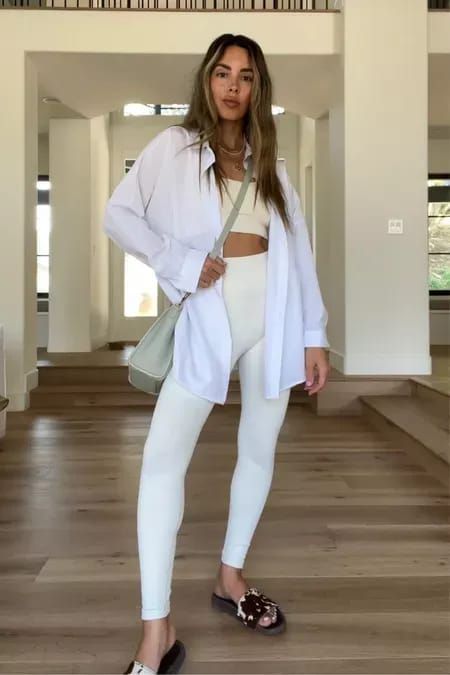 Oversized White Button Down Work Outfits, White Gym Leggings Outfit, Workout Set With Button Down, White Legging Outfits, Bachelorette Workout Outfit, White Leggings Outfit Casual, White Workout Outfit, White Workout Set, Casual Outfit Street Style