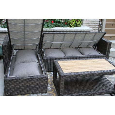 Dillon 3 Piece Teak Sectional Seating Group with Storage for Cushions Patio Cushion Storage, Waterproof Outdoor Furniture, Cushion Storage, Wicker Sectional, Patio Conversation Sets, Patio Sofa Set, Patio Inspiration, Patio Storage, Backyard Furniture