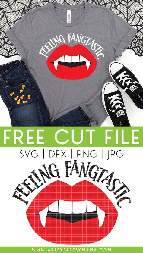 Free "Feeling Fangtastic" Halloween SVG Cut File #freesvg #freecutfile #freebies #halloween #halloweenfashion #halloweensvg #punny #vampire #cricutcrafts #cricutmade #diyshirts #cricutshirts Fangtastic Halloween, Printable Halloween Invitations, Free Feeling, Halloween Resources, Halloween Craft Ideas, Fun Halloween Crafts, Cricut Svgs, Spooky Party, Halloween Printable