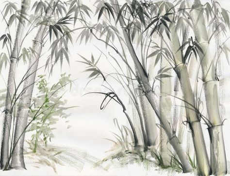 Bamboo forest painting. Original watercolor painting of bamboo forest on textured paper vector illustration Wallpaper For Home Wall, Geometric Wallpaper Design, Bamboo Grove, Trees Wallpaper, Wallpaper For Home, Bamboo Bar, Forest Wall Mural, Normal Wallpaper, Green Bamboo