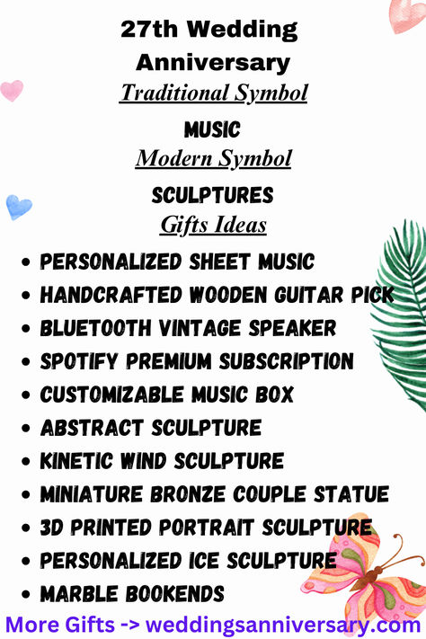 Deciding between traditional and modern gifts for your 27th anniversary? From wooden keepsakes that symbolize strength and growth to contemporary gadgets that cater to their hobbies, this guide covers it all. Choose a gift that aligns with your partner's tastes while honoring the tradition of your love. #WeddingAnniversaryGiftForHim #AnniversaryGiftsPaper #YearWeddingAnniversaryIdeas 27th Wedding Anniversary, Wooden Music Stand, Just Music, 27th Anniversary, Jet Stone, Music Journal, Vintage Speakers, Wind Sculptures, Portrait Sculpture