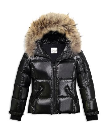 Sam. Girls' Blake Fur-Trimmed Down Jacket - Big Kid - Jet Pink Puffer Jacket, Girls Fur, Silver Jacket, Cute Coats, Black Puffer Jacket, Down Puffer Coat, Goose Feathers, Black Puffer, Outfit Look