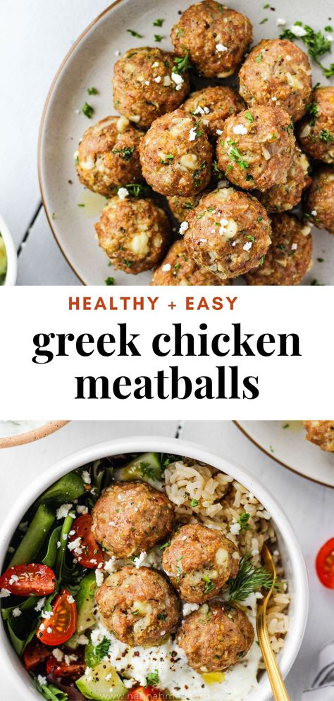 You’re going to fall in love these flavourful, juicy Greek Chicken Meatballs that are great for meal prep! Pair them with homemade tzatziki, rice, and veggies for a delicious lunch or healthy dinner. #healthydinner #mealprep #healthymealprep #greekchickenmeatballs #greekmeatballs #meatballs #chickenmeatballs #chicken #healthymeals #tzatziki #homemade Mediterranean Recipes Meatballs, Meat For Meal Prep, Chicken Meatball Pitas, Healthy Greek Meal Prep, Meditterean Chicken Meatballs, Meal Prep Meatballs Healthy, Meal Prep For The Week Meatballs, Ground Chicken Mediterranean Meatballs, Mia Recipes Greek Chicken Meatballs With Homemade Tzatziki Sauce