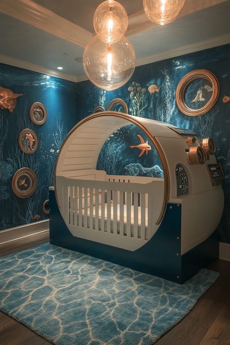 29 Ocean Nursery Ideas to Bring Underwater Magic to Your Baby’s Space 25 Submarine Nursery, Ocean Nursery Ideas, Small World Nursery, Ocean Baby Rooms, Soothing Nursery, Underwater Nursery, Nursery Room Decor Ideas, Future Marine, Turtle Sanctuary