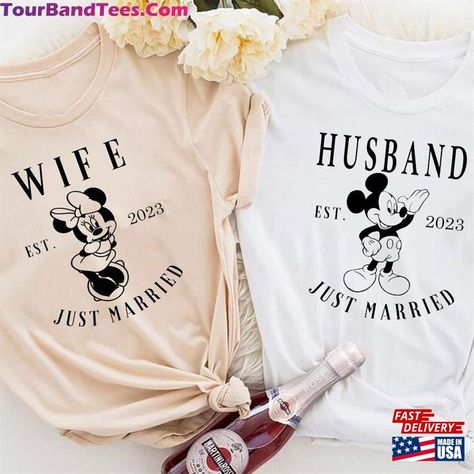 Disney Wife Custom Shirt Mr And Mrs Mooners Sweatshirt Classic Check more at https://tourbandtees.com/product/disney-wife-custom-shirt-mr-and-mrs-mooners-sweatshirt-classic/ Just Married Disney Shirts, Husband And Wife Disney Shirts, Disney Honeymoon Shirts, Wedding Surprise, Wedding Tshirts, Disney Outfits Women, Disney Honeymoon, Disney 2024, Honeymoon Shirts