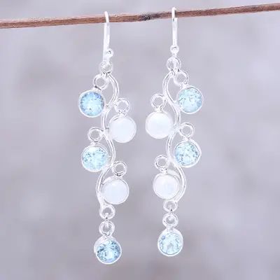 UNICEF Market | Blue Topaz and Rainbow Moonstone Earrings from India - Morning Climber Blue Topaz Pendant Necklace, Turquoise Stud Earrings, Rose Gold Crystal, Blue Topaz Pendant, Topaz Color, Lace Jewelry, Moonstone Earrings, Floral Vine, Fancy Jewelry