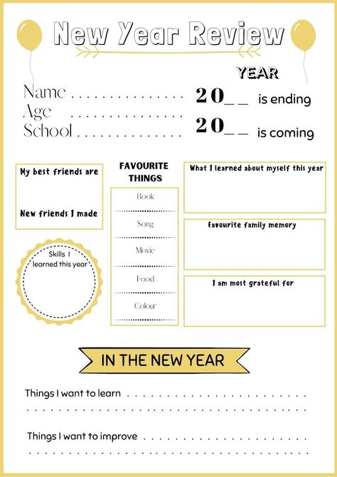 New Year Printables For Kids, New Year Goals For Kids, Kids Year In Review, New Years Resolution Kids, Year In Review Printable, Year End Reflection, Year Reflection, New Year Printables, New Year Words