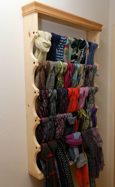 I built this scarf rack for Zoe and it turned her collection into wall art. Bathroom Closet Organization Ideas, Scarf Rack, Scarf Display, Bathroom Closet Organization, Scarf Storage, Closet Organization Ideas, Scarf Organization, Modern Metal Wall Art, Scarf Hanger