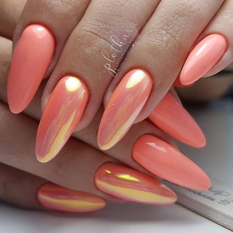 Coral Chrome Nails Designs, Chrome Nail Designs Almond, Chrome Almond Nails Designs, Coloured Chrome Nails, Uñas Color Salmon, Chiffon Nails, Light Chrome Nails, Coral Chrome Nails, Peach Chrome Nails