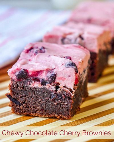 Chewy Chocolate Cherry Brownies. A chocolate & cherry explosion of flavour as chewy brownies get pieces of sweet cherries baked right in and even more in the delicious frosting. #cookies #dessert #christmascookies #christmasbaking Chocolate Combinations, Chocolate Cherry Brownies, Assorted Pastries, Dessert Pies, Cherry Brownies, Chocolate Decadence, Dessert Treats, Bakers Chocolate, Bolo Fit