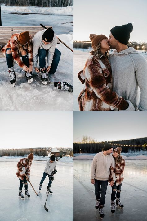 Family Hockey Photo Ideas, Pucking Around, Hockey Engagement Photos, Hockey Senior Pictures, Outdoor Skating Rink, Pond Hockey, Western Couple, Couple Senior Pictures, Outdoor Rink