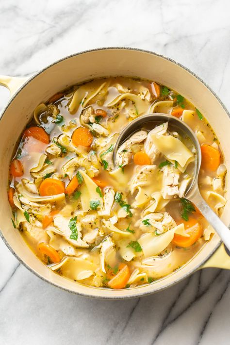 Easy Chicken Noodle Soup • Salt & Lavender Chicken Egg Noodle Soup, Soup And Salad Combo, Easy Chicken Noodle Soup, Chicken Noodle Soup Ingredients, Chicken And Egg Noodles, Chili Recipe Stovetop, Chicken Soup Recipes Homemade, Chicken Noodle Soup Recipe Homemade, Best Chicken Noodle Soup